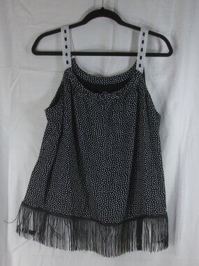 NEW Upcycled Top Black White Polka Dot Fringe Cotton Stretch Tank Plus Size 1X